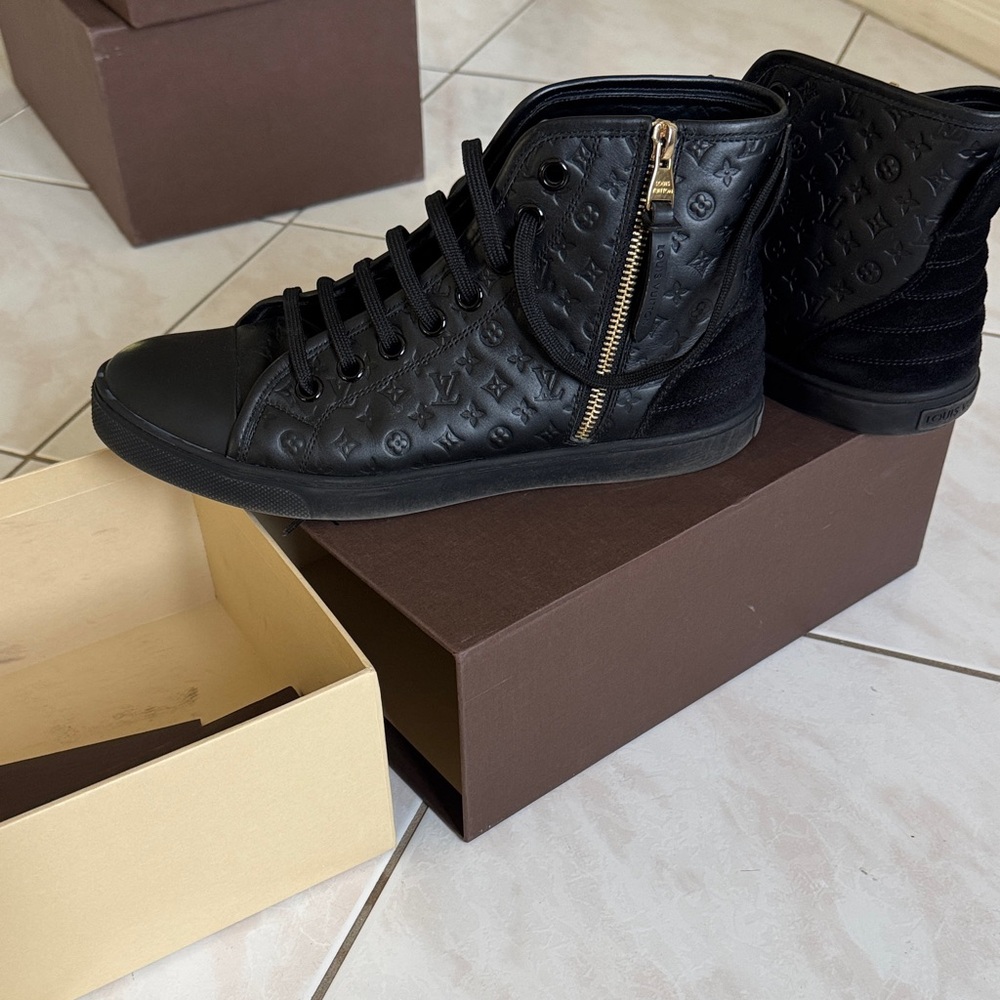 Louis Vuitton Black Monogram High-Top Sneakers with Gold Zipper